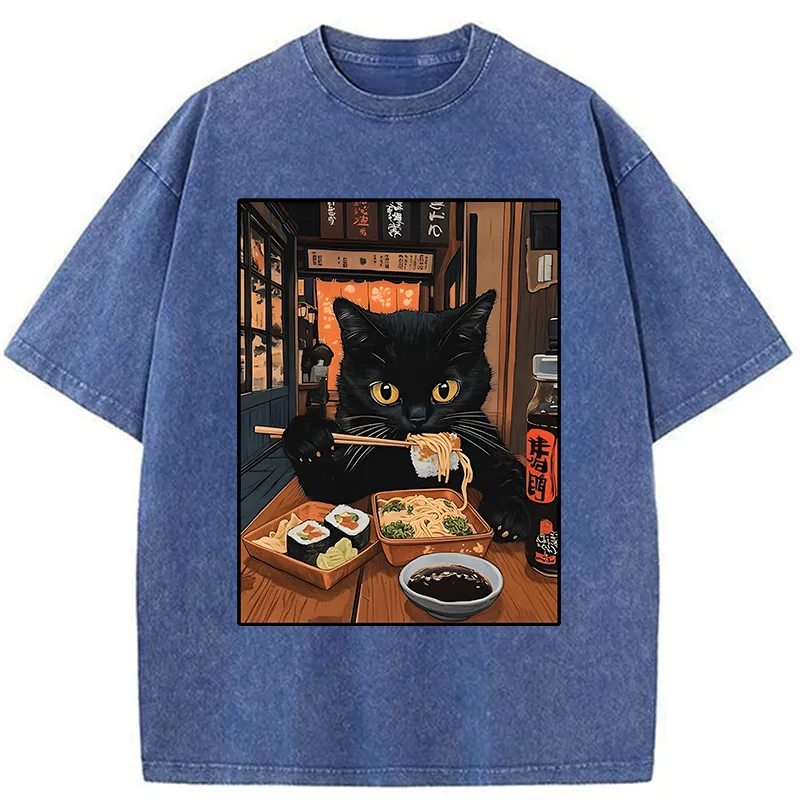 Tokyo-Tiger Black Cat Eating At Sushi Restaurant Washed T-Shirt