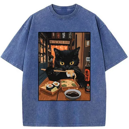 Tokyo-Tiger Black Cat Eating At Sushi Restaurant Washed T-Shirt