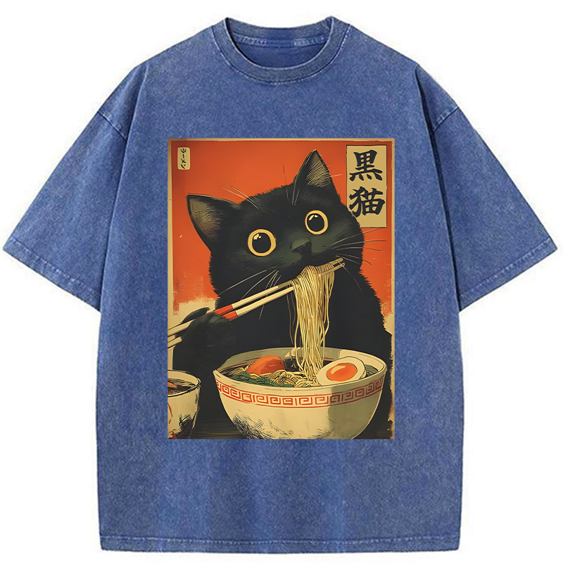 Tokyo-Tiger Black Cat Eats Japanese Ramen Retro Washed T-Shirt
