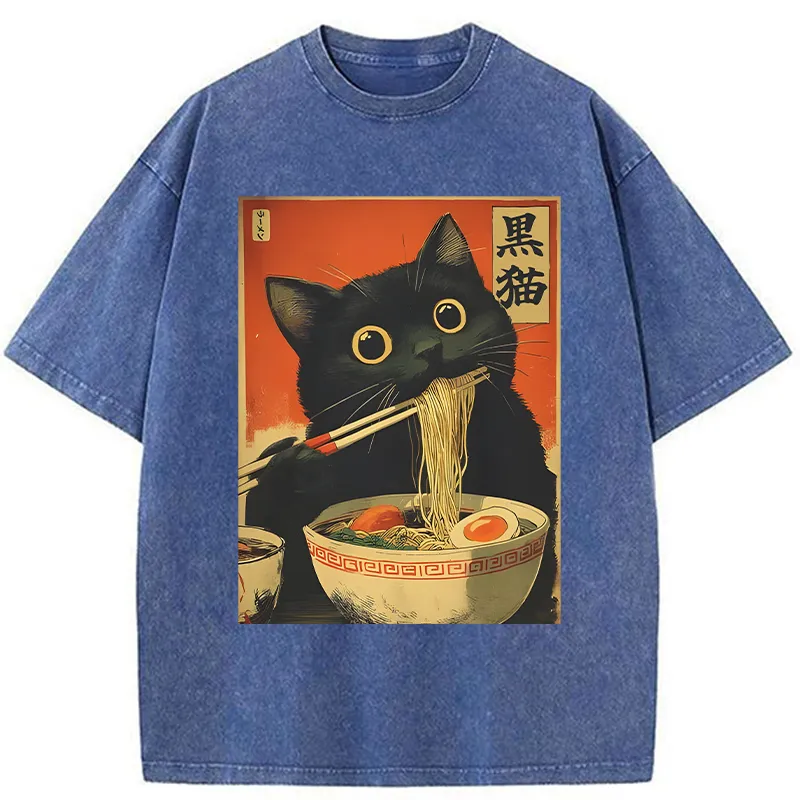 Tokyo-Tiger Black Cat Eats Japanese Ramen Retro Washed T-Shirt
