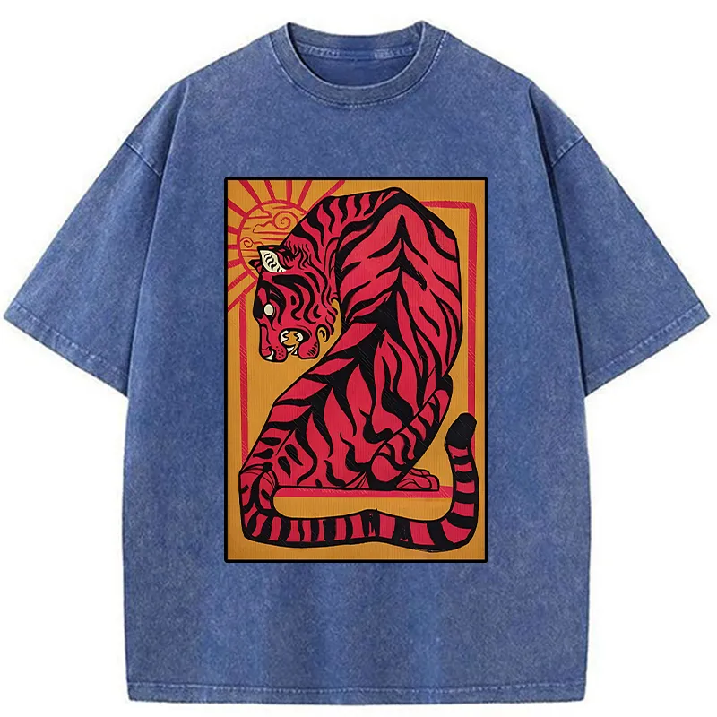 Tokyo-Tiger Powerful Tiger Woodcut Print Washed T-Shirt