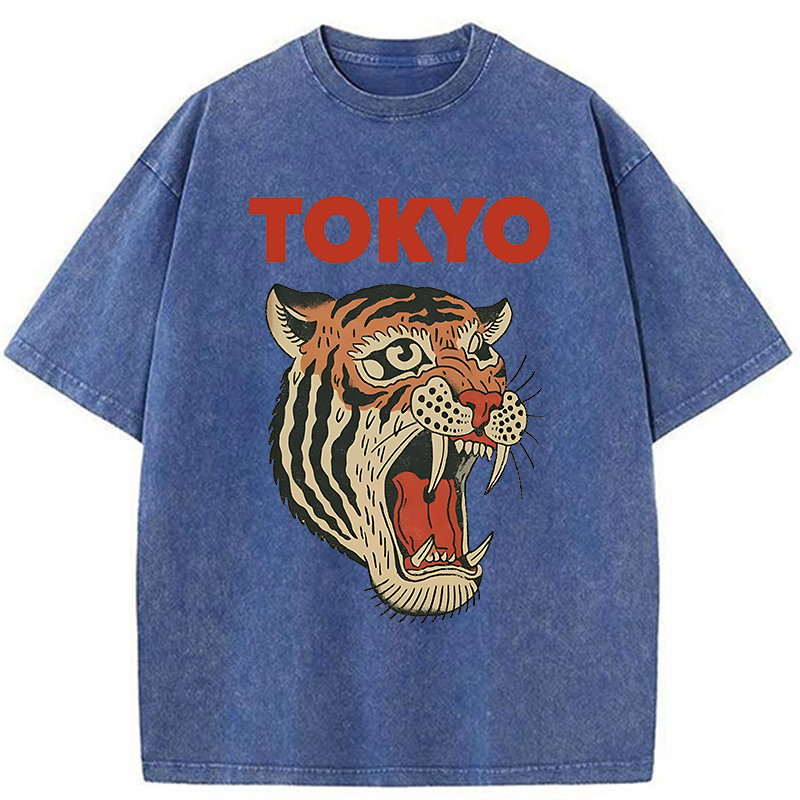 Tokyo-Tiger Retro Ukiyo-e Tiger Washed T-Shirt