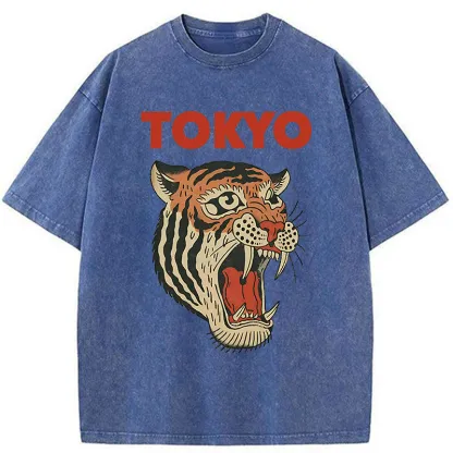 Tokyo-Tiger Retro Ukiyo-e Tiger Washed T-Shirt