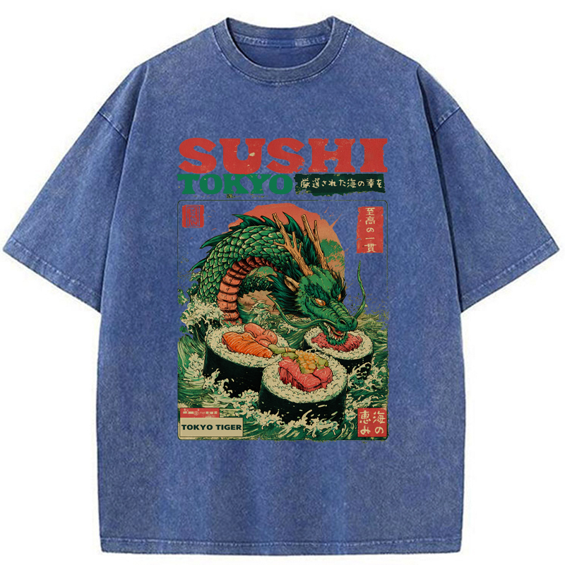 Tokyo-Tiger Ocean Dragon Sushi Washed T-Shirt