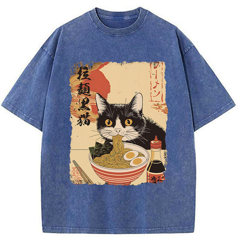 Tokyo-Tiger Black Cat Eats Ramen Japan Retro Washed T-Shirt