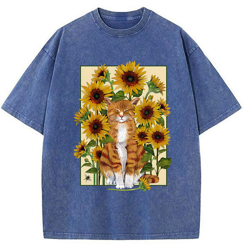 Tokyo-Tiger Sunflower And Orange Cat Washed T-Shirt