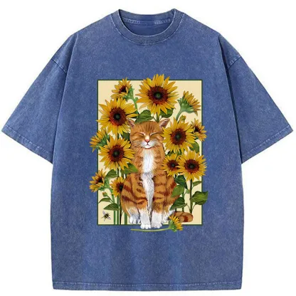 Tokyo-Tiger Sunflower And Orange Cat Washed T-Shirt