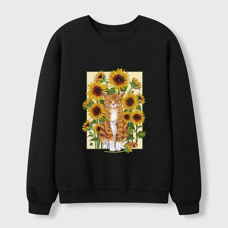 Tokyo-Tiger Sunflower And Orange Cat Waffle Sweatshirt