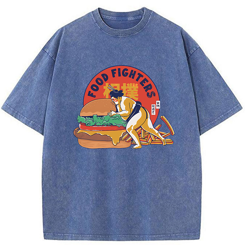 Tokyo-Tiger Sumo Wrestler Pushing Burger Washed T-Shirt