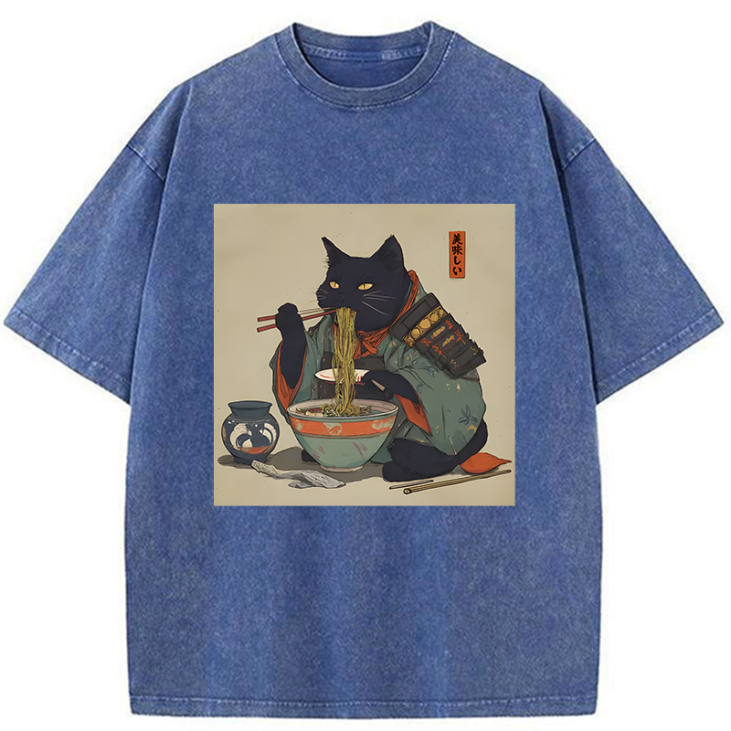 Tokyo-Tiger Cat Warrior Eating Ramen Washed T-Shirt