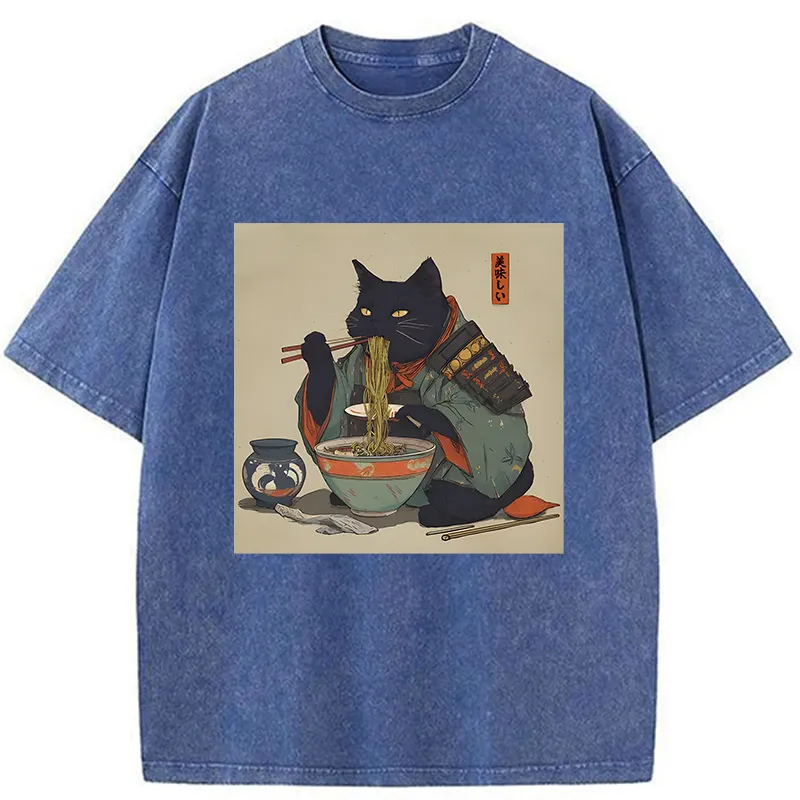 Tokyo-Tiger Cat Warrior Eating Ramen Washed T-Shirt