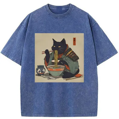 Tokyo-Tiger Cat Warrior Eating Ramen Washed T-Shirt
