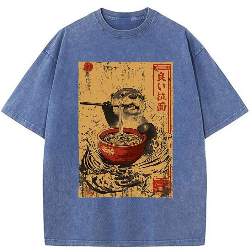 Tokyo-Tiger Otter Eating Ramen Japanese Washed T-Shirt