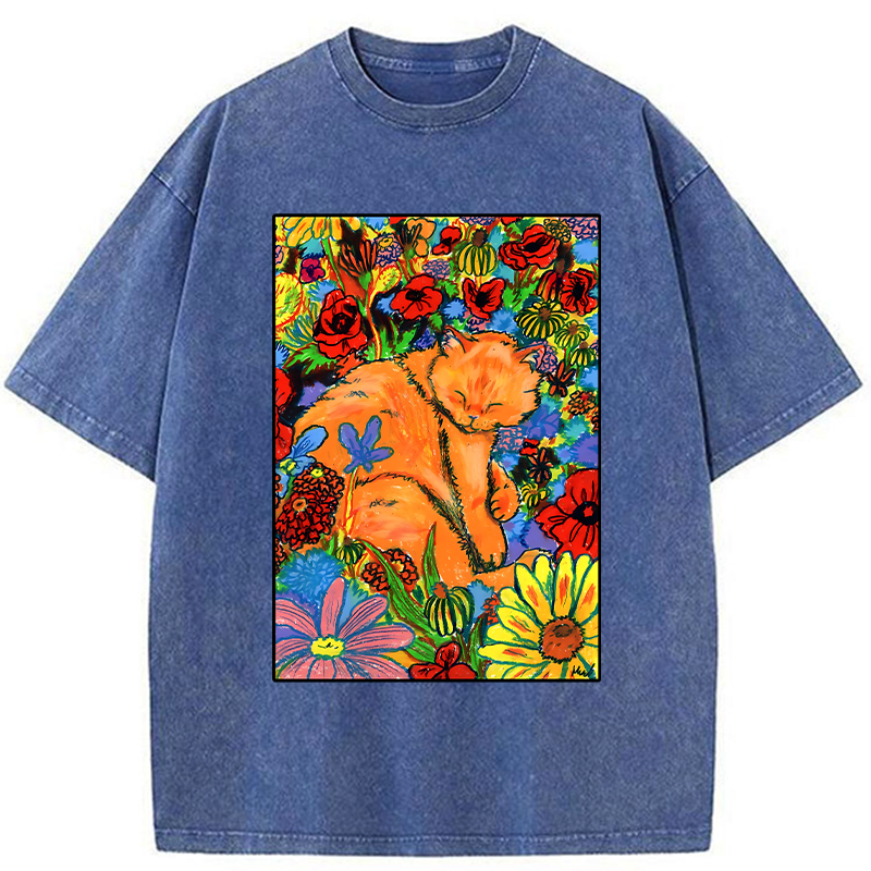 Tokyo-Tiger Colorful Orange Cats And Flowers Washed T-Shirt