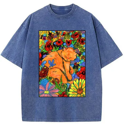 Tokyo-Tiger Colorful Orange Cats And Flowers Washed T-Shirt