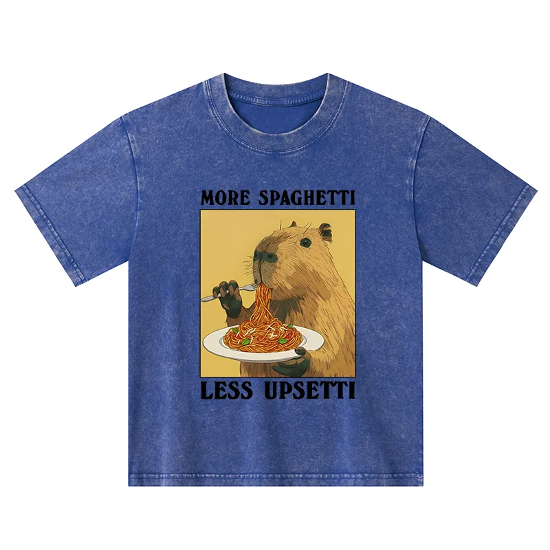 Tokyo-Tiger Capybara Eating Pasta Kids Washed T-Shirt