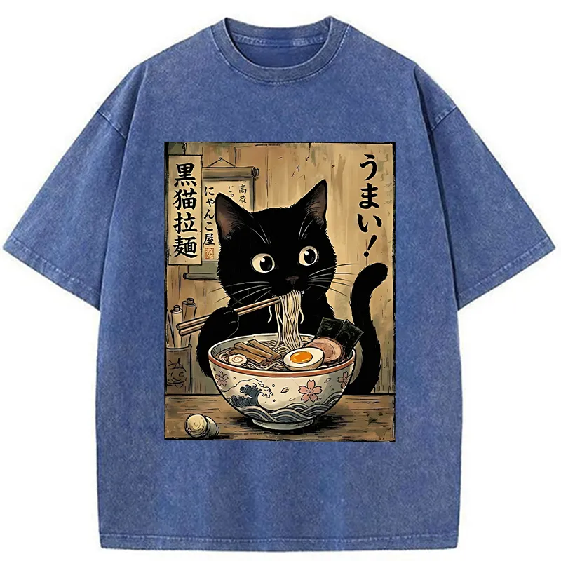 Tokyo-Tiger Black Cat Eats Delicious Japanese Ramen Washed T-Shirt
