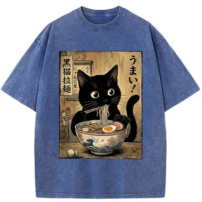 Tokyo-Tiger Black Cat Eats Delicious Japanese Ramen Washed T-Shirt