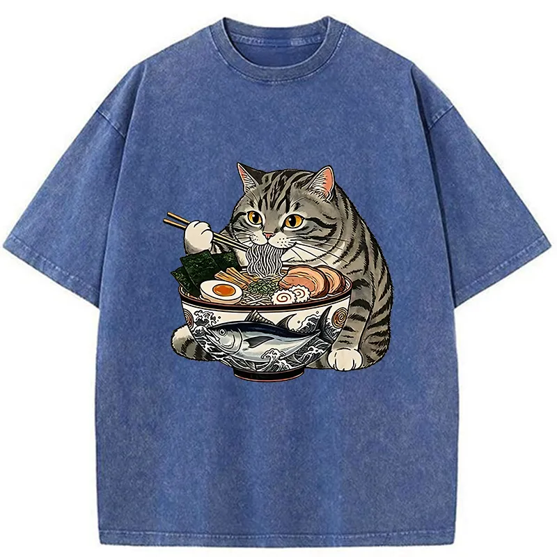 Tokyo-Tiger Fat Cat Eats Delicious Japanese Ramen Washed T-Shirt
