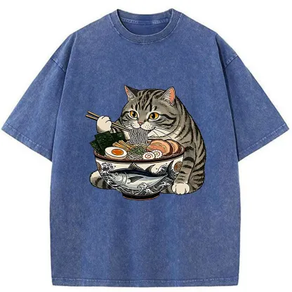Tokyo-Tiger Fat Cat Eats Delicious Japanese Ramen Washed T-Shirt
