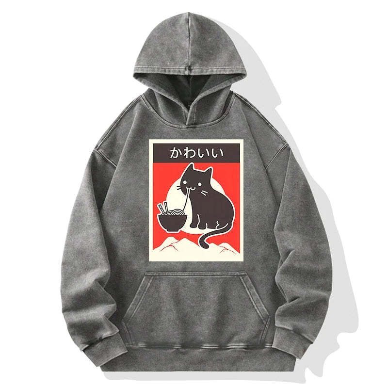 Tokyo-Tiger Kawaii Vintage Ramen Cat Washed Hoodie Sale