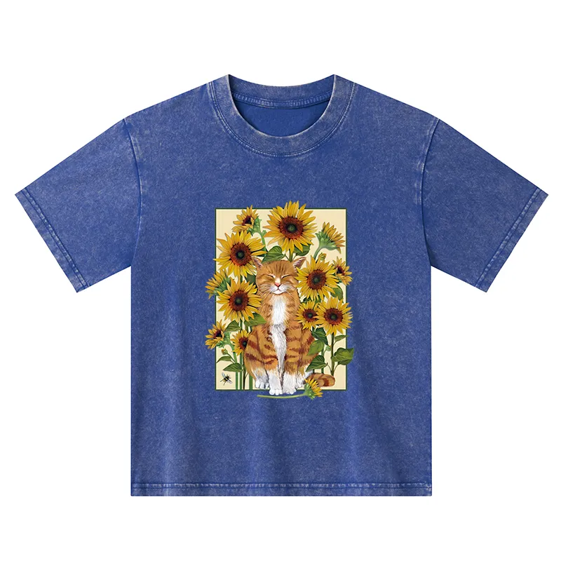 Tokyo-Tiger Sunflower And Orange Cat Kids Washed T-Shirt