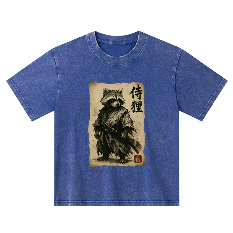 Tokyo-Tiger Retro Raccoon Samurai Kids Washed T-Shirt