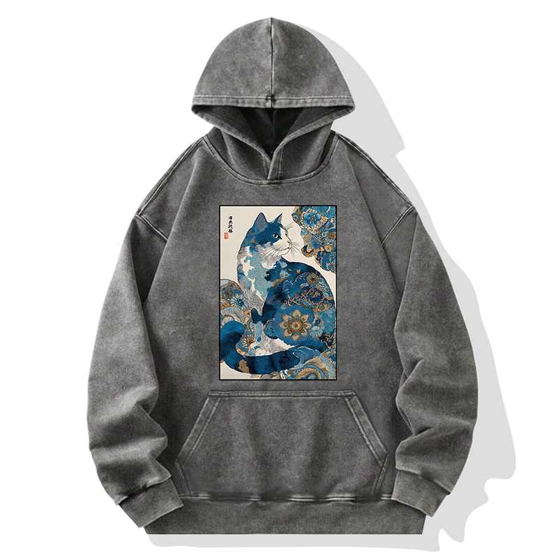 Tokyo-Tiger Japanese Ukiyo-e Flowers Cat Washed Hoodie