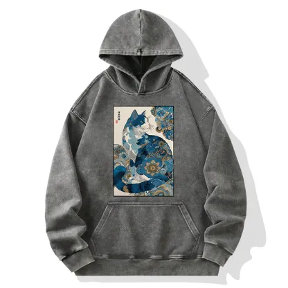 Tokyo-Tiger Japanese Ukiyo-e Flowers Cat Washed Hoodie