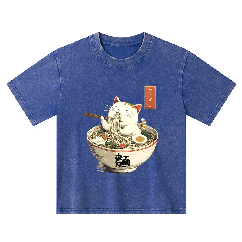 Tokyo-Tiger White Cat Eating Ramen Japan Kids Washed T-Shirt
