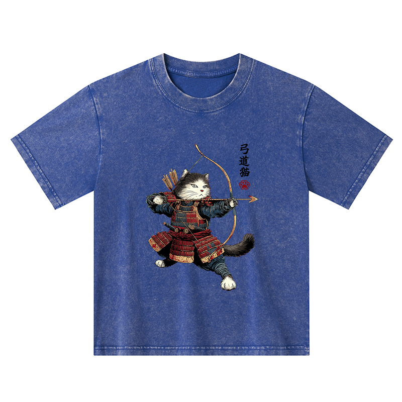 Tokyo-Tiger Kyudo Samurai Cat Kids Washed T-Shirt