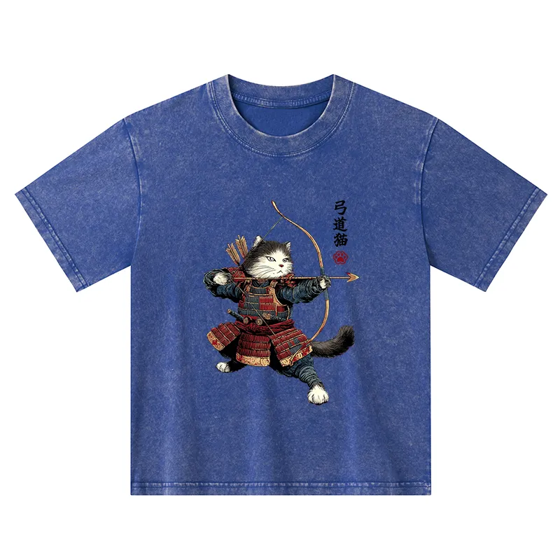 Tokyo-Tiger Kyudo Samurai Cat Kids Washed T-Shirt