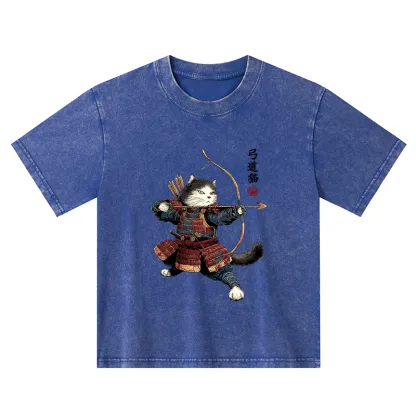 Tokyo-Tiger Kyudo Samurai Cat Kids Washed T-Shirt