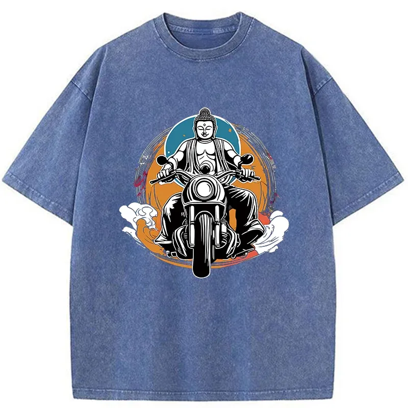 Tokyo-Tiger Buddha Riding A Motorcycle Washed T-Shirt