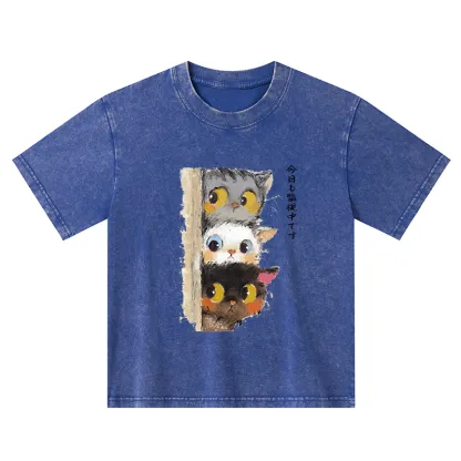 Tokyo-Tiger Three Cats Secretly Monitor Their Owner Kids Washed T-Shirt