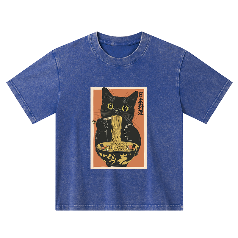 Tokyo-Tiger Black Cat Eats Japan Ramen Kids Washed T-Shirt