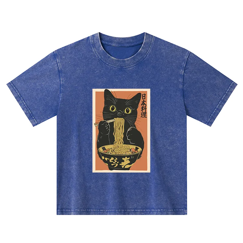 Tokyo-Tiger Black Cat Eats Japan Ramen Kids Washed T-Shirt