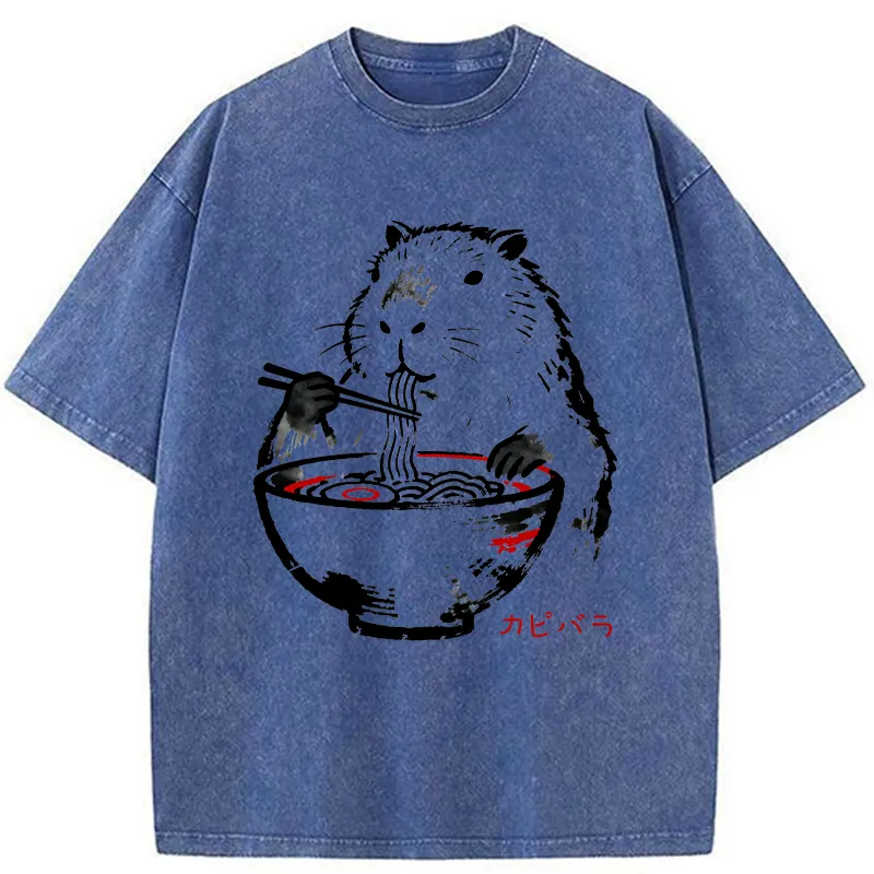 Tokyo-Tiger Capybaras Eat Delicious Ramen Washed T-Shirt