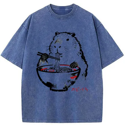 Tokyo-Tiger Capybaras Eat Delicious Ramen Washed T-Shirt