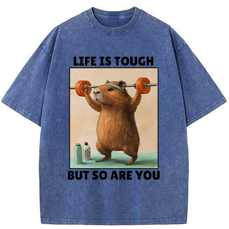 Tokyo-Tiger Capybara Lifting Weights Washed T-Shirt