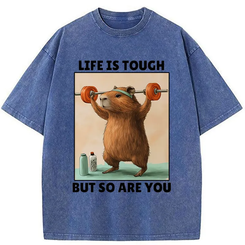 Tokyo-Tiger Capybara Lifting Weights Washed T-Shirt