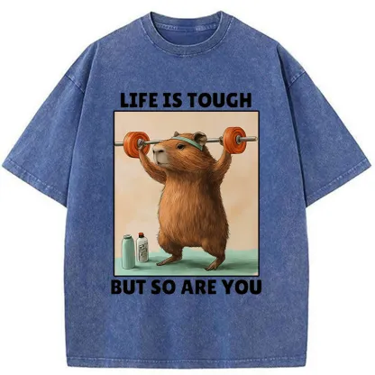 Tokyo-Tiger Capybara Lifting Weights Washed T-Shirt