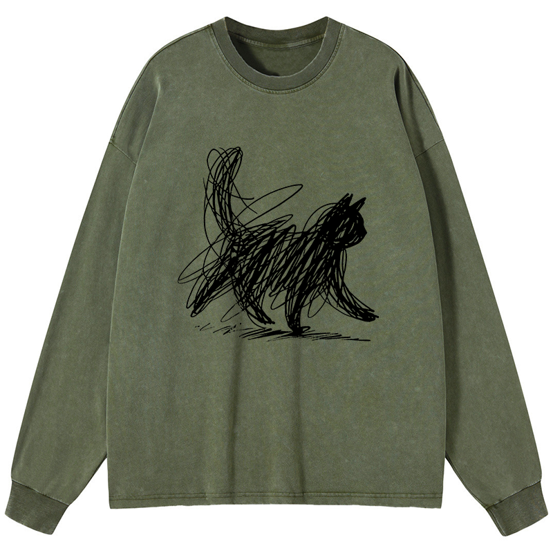 Tokyo-Tiger Minimalist Cat Art Washed Long Sleeve T-Shirt