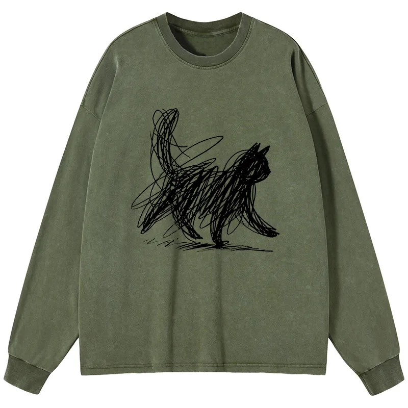 Tokyo-Tiger Minimalist Cat Art Washed Long Sleeve T-Shirt