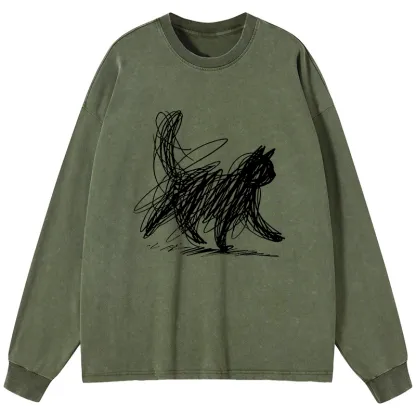 Tokyo-Tiger Minimalist Cat Art Washed Long Sleeve T-Shirt