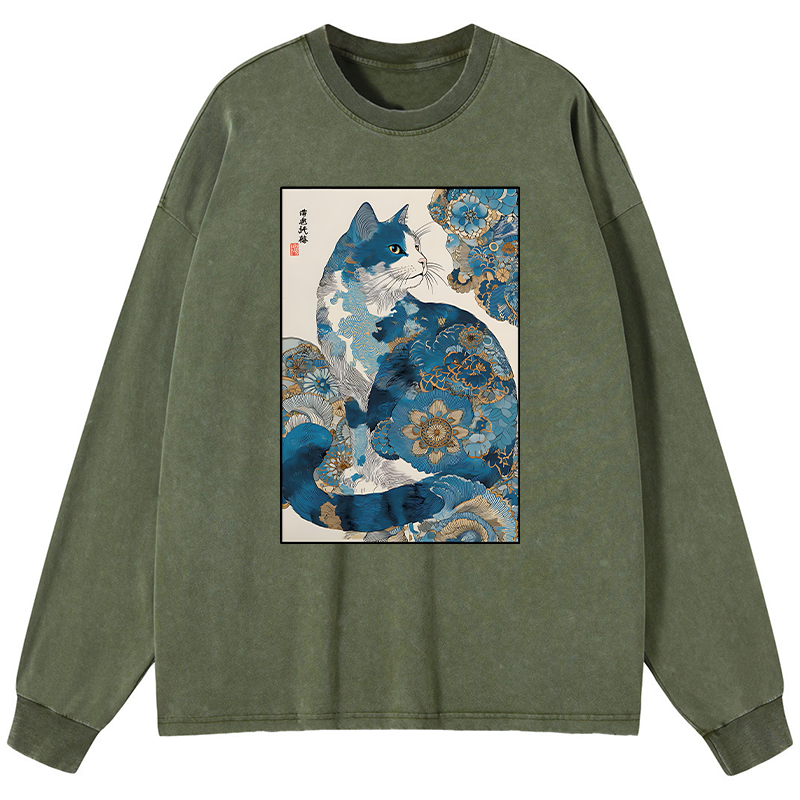 Tokyo-Tiger Japanese Ukiyo-e Flowers Cat Washed Long Sleeve T-Shirt