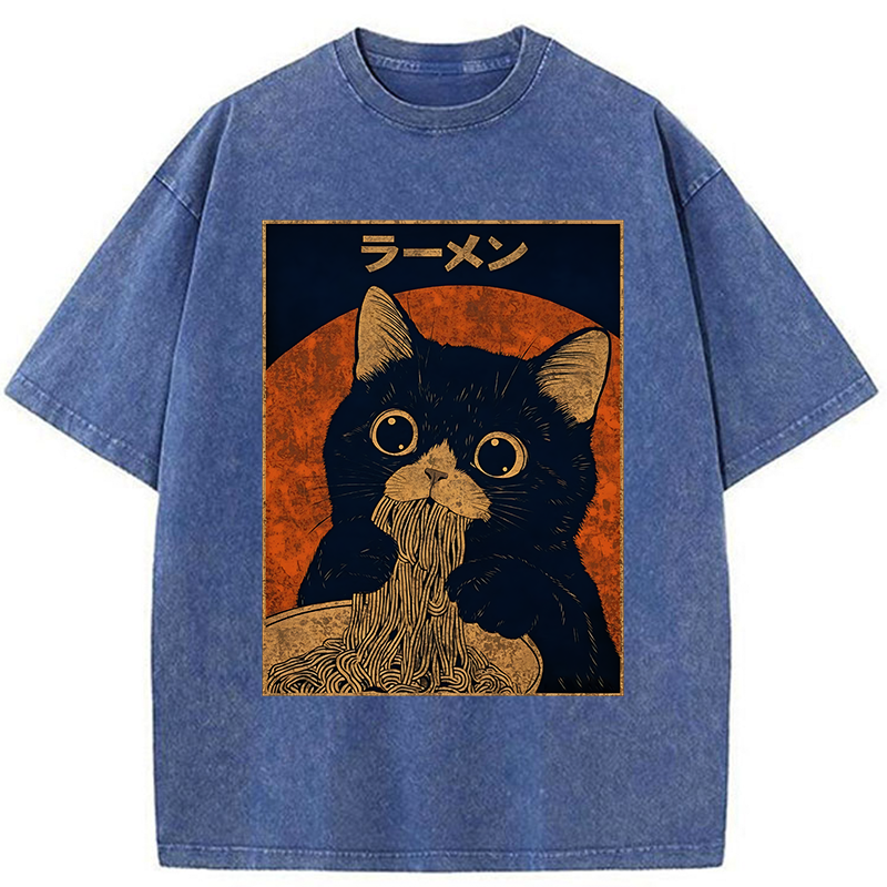 Tokyo-Tiger Retro Black Cat Eats Delicious Ramen Washed T-Shirt