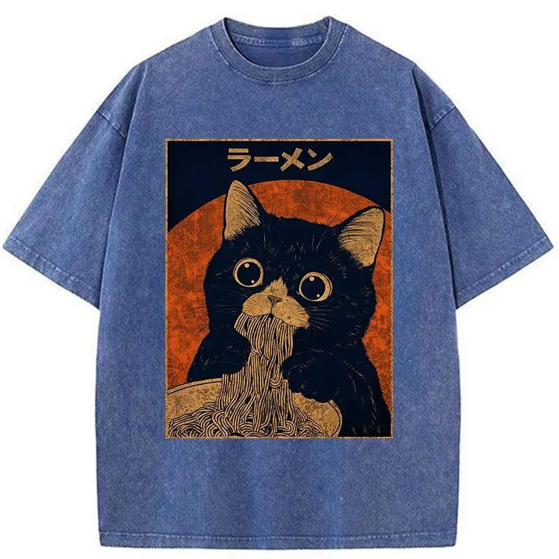 Tokyo-Tiger Retro Black Cat Eats Delicious Ramen Washed T-Shirt