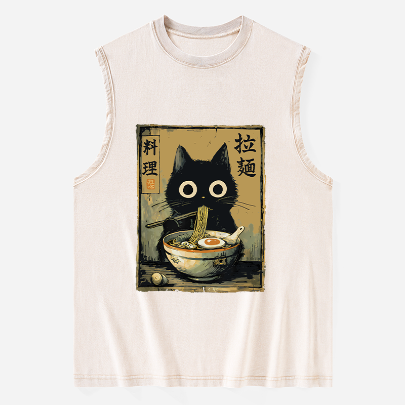 Tokyo-Tiger Cute Black Cat Eating Ramen Japan Washed Tank