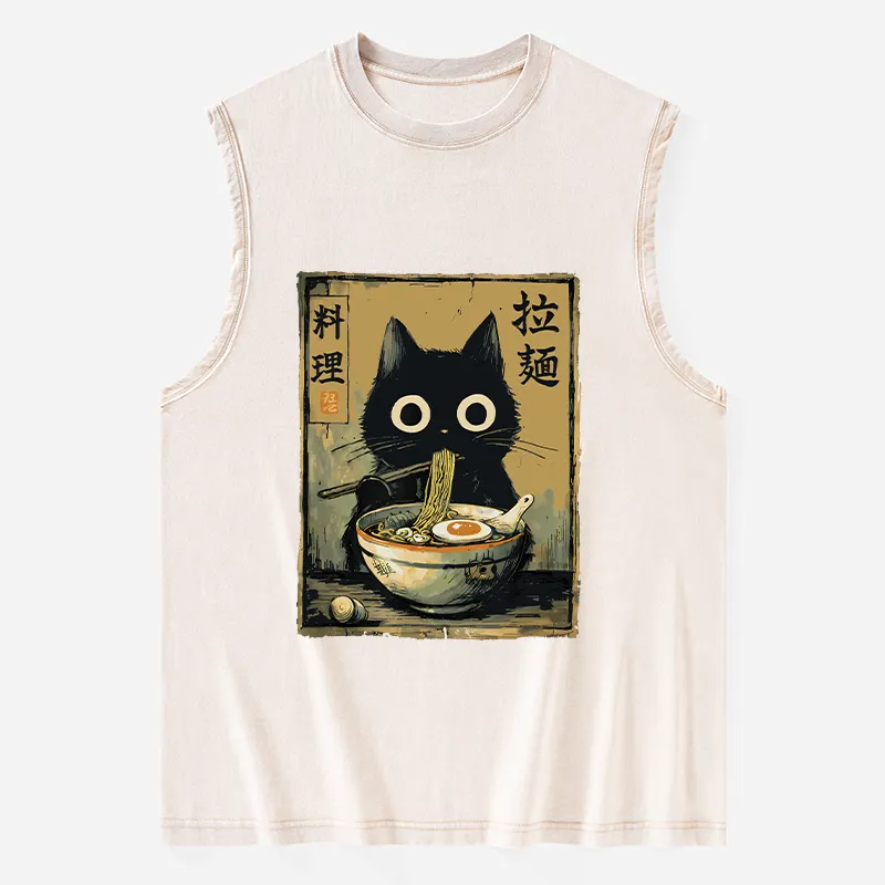 Tokyo-Tiger Cute Black Cat Eating Ramen Japan Washed Tank